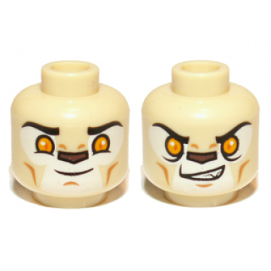 tan minifigure head dual sided alien chima lion with bright light orange eyes and dark brown nose closed mouth open mouth pattern laval