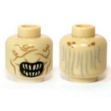 tan minifigure head alien with wide open mouth with pointed bright light yellow teeth dark tan wrinkles and scars light bluish gray thin hair on back pattern