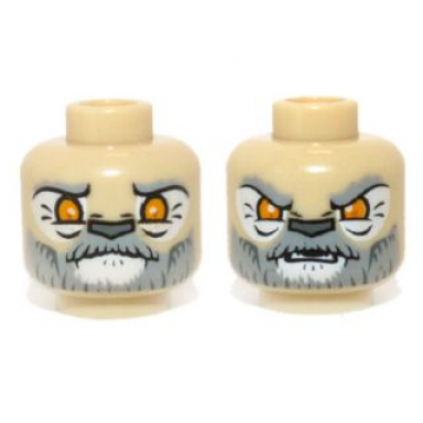tan minifigure head dual sided alien chima lion with orange eyes and gray and white beard closed mouth open mouth pattern lagravis