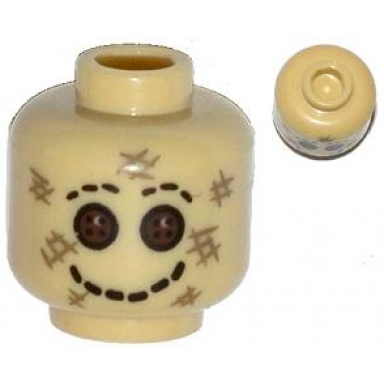 tan minifigure head alien scarecrow with dark brown button eyes black stitched smile and eyebrows and dark tan scratches pattern