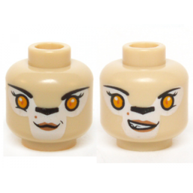 tan minifigure head dual sided alien chima lion female bright light orange eyes black nose neutral crooked smile pattern liella