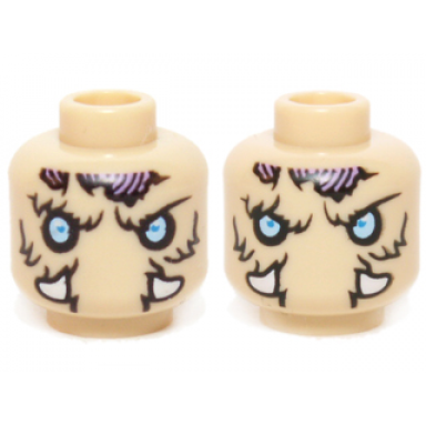 tan minifigure head dual sided alien chima mammoth bright light blue eyes medium lavender patches tusks neutral stern pattern mottrot
