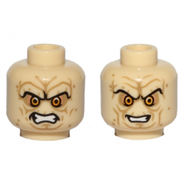tan minifigure head dual sided wrinkles sunken yellow eyes black long eyebrows bared teeth angry evil smile pattern sw palpatine