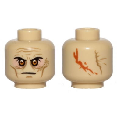 tan minifigure head black eyebrows orange eyes wrinkles scar 2 large scars on back pattern sw darth vader