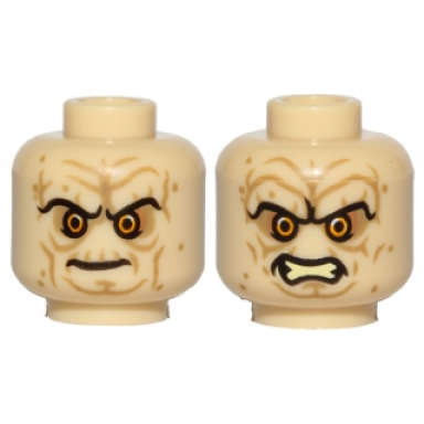 tan minifigure head dual sided wrinkles sunken yellow eyes black long eyebrows stern bared teeth angry pattern sw palpatine