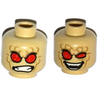 tan minifigure head dual sided alien with red eyes dark tan wrinkles angry clenched teeth evil smile pattern