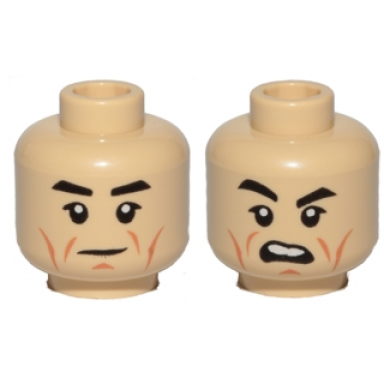tan minifigure head dual sided black eyebrows eyelashes dark orange cheek lines neutral open mouth scowl pattern sw cdr sato