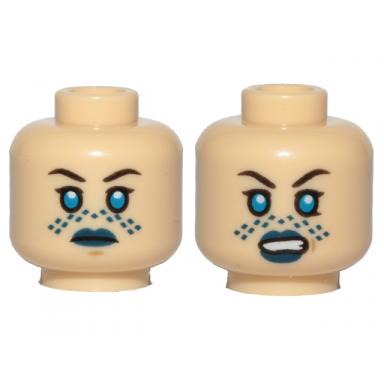 tan minifigure head dual sided female dark blue lips blue tattoo neutral angry pattern sw barriss offee