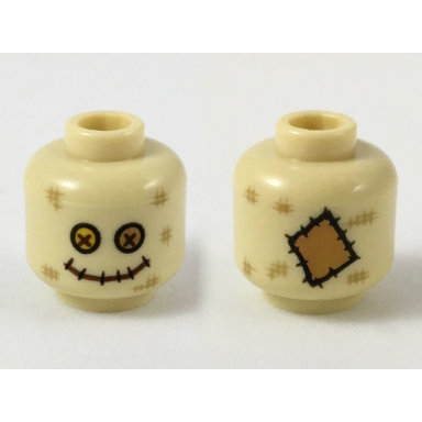 tan minifigure head dark tan scuff marks bright light orange and medium nougat button eyes stitched mouth scarecrow pattern