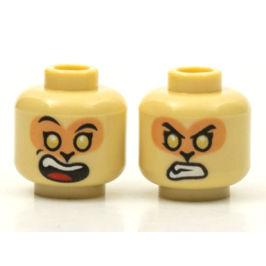 tan minifigure head dual sided alien black eyebrows nougat face gold eyes wide open mouth smile with top teeth and red tongue angry bared teeth pattern