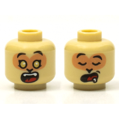 tan minifigure head dual sided alien black eyebrows nougat face gold eyes and surprised open mouth with top teeth and red tongue sleeping with drool pattern