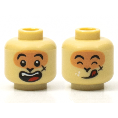 tan minifigure head dual sided alien black eyebrows nougat face cheek scar open mouth smile with top teeth and red tongue eyes closed and licking lips pattern
