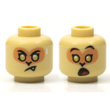 tan minifigure head dual sided alien black eyebrows gold eyes nougat face neutral with fang and sweat drop surprised open mouth with red tongue pattern