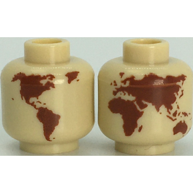 tan minifigure head without face with reddish brown globe world map with japan and hawaii pattern