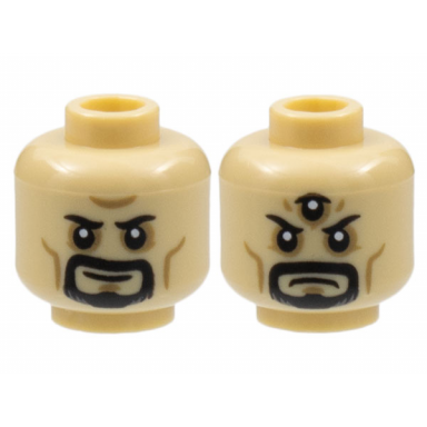 tan minifigure head dual sided black eyebrows and goatee dark tan cheek lines and chin dimple neutral scowl with third eye pattern