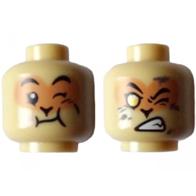 tan minifigure head dual sided alien black eyebrows nougat face wink neutral with full cheek lopsided bared teeth gold eye and dark tan dirt stains pattern