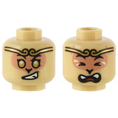 tan minifigure head dual sided alien black eyebrows nougat face headband gold eyes and lopsided smirk with teeth crying closed eyes with tears and open mouth with red tongue pattern