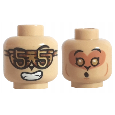 tan minifigure head dual sided alien black eyebrows glasses with number 5 open mouth with teeth gold eyes nougat face singing pattern