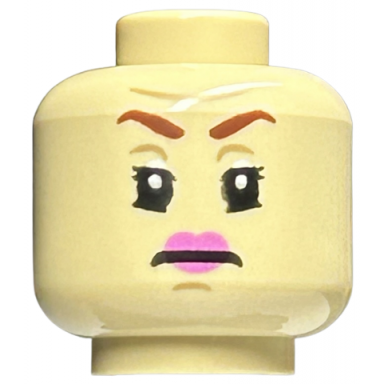tan minifigure head female reddish brown eyebrows dark tan chin dimple and forehead crease dark pink lips frown pattern