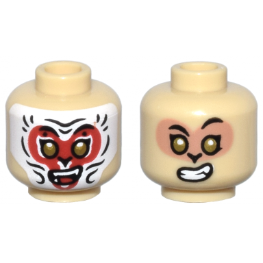 tan minifigure head dual sided alien black eyebrows gold eyes open mouth smile with teeth white and red face paint with animal stripes nougat face pattern