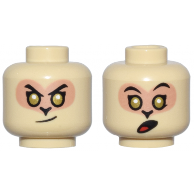 tan minifigure head dual sided alien black eyebrows gold eyes nougat face smirk surprised open mouth with red tongue pattern
