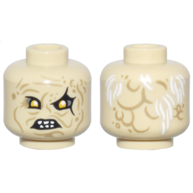 tan minifigure head alien orc bright light orange eyes dark tan wrinkles and scars angry open mouth with teeth white thin hair on back pattern