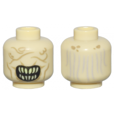 tan minifigure head alien with wide open mouth with pointed bright light yellow teeth dark tan wrinkles and scars light bluish gray thin hair on back pattern
