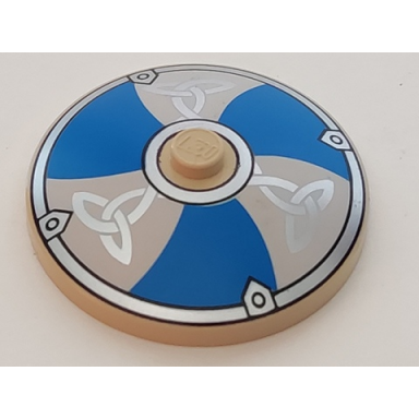 tan dish 4 x 4 inverted radar with solid stud with viking shield blue white sections and silver ornament pattern