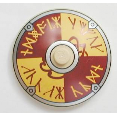 tan dish 4 x 4 inverted radar with solid stud with viking shield dark red yellow rune pattern
