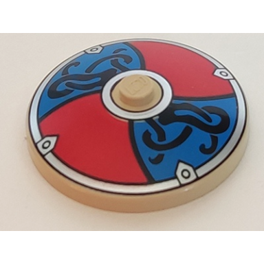 tan dish 4 x 4 inverted radar with solid stud with viking shield red blue with black ornament pattern