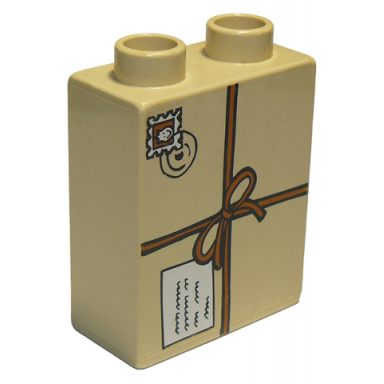 tan duplo brick 1 x 2 x 2 with tied parcel with postmark pattern