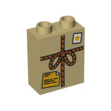 tan duplo brick 1 x 2 x 2 with tied parcel with star stamp and orange shipping label pattern