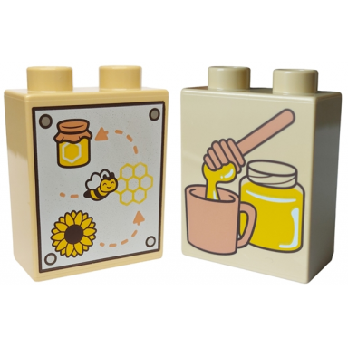 tan duplo brick 1 x 2 x 2 with bee honeycomb and sunflower honey dipper and jar pattern