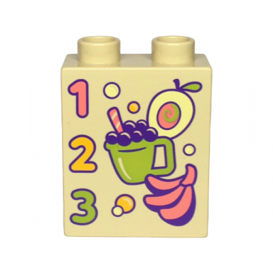 tan duplo brick 1 x 2 x 2 with number 1 2 and 3 bright light orange bright light yellow coral lime and dark purple mango cup of grape juice with straw bubbles and bananas pattern