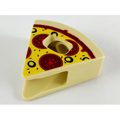 tan minifigure headgear head cover costume wedge slice with pizza with yellow cheese black olives and dark red pepperoni pattern