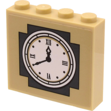 tan brick 1 x 4 x 3 with white town hall clock face and roman numerals on dark bluish gray and tan background pattern sticker - set 60271