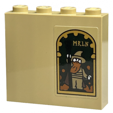 tan brick 1 x 4 x 3 with picture of wizard with dark orange beard black staff and mrln in gold frame pattern sticker - set 40577
