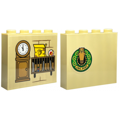 tan brick 1 x 4 x 3 with medium nougat grand father clock file organiser cabinet yellow box red remembrall black owl post logo on green circle with gold ornate border pattern on both sides stickers - set 76423