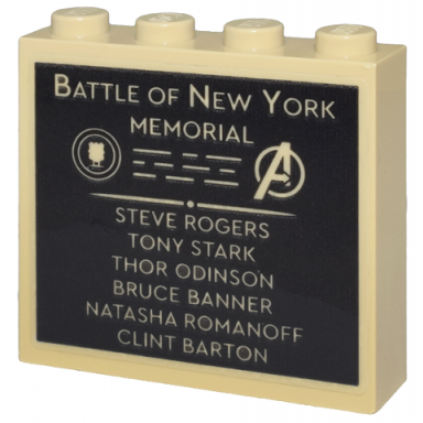tan brick 1 x 4 x 3 with battle of new york memorial avengers logo and names list pattern sticker - set 76269