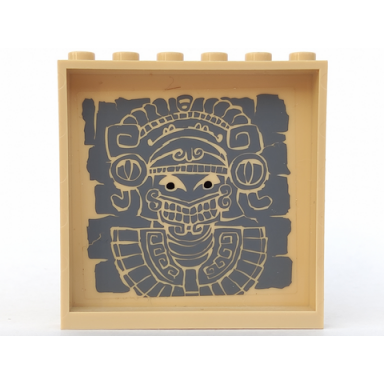 tan panel 1 x 6 x 5 with aztec head with curved headdress and bib necklace on dark bluish gray stone pattern on inside sticker - set 7627