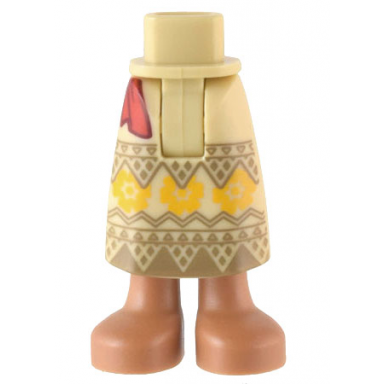 tan mini doll hips and skirt long with molded medium nougat legs and printed dark tan panels and triangles bright light orange flowers and red sash ends pattern - thick hinge