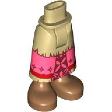 tan mini doll hips and skirt long with molded medium nougat legs and printed tattered coral panel with dark red flower and stars and red stripe pattern - thick hinge