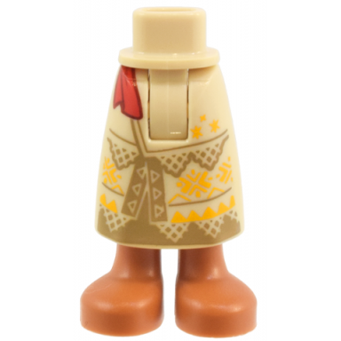 tan mini doll hips and skirt long with molded sienna legs and feet and printed dark tan panels and triangles slit in front bright light orange geometric design red sash ends pattern - thick hinge