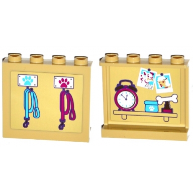 tan panel 1 x 4 x 3 with side supports - hollow studs with dog leashes on outside and photos clock and trophy on inside pattern stickers - set 41124