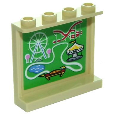 tan panel 1 x 4 x 3 with side supports - hollow studs with amusement park roller coaster carousel and ferris wheel map pattern sticker - set 10261