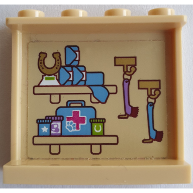 tan panel 1 x 4 x 3 with side supports - hollow studs with horse medical supplies and brushes on hooks pattern on inside sticker - set 41126