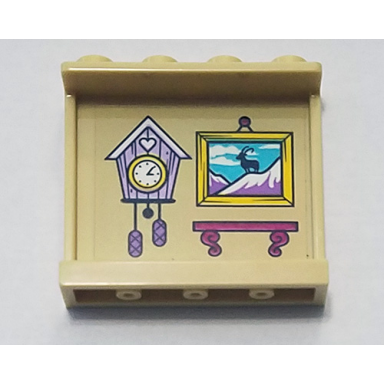 tan panel 1 x 4 x 3 with side supports - hollow studs with lavender cuckoo clock painting and magenta shelf pattern sticker - set 41323
