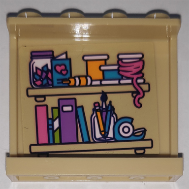 tan panel 1 x 4 x 3 with side supports - hollow studs with butterfly on outside and shelves with books and craft supplies pattern on inside stickers - set 41340