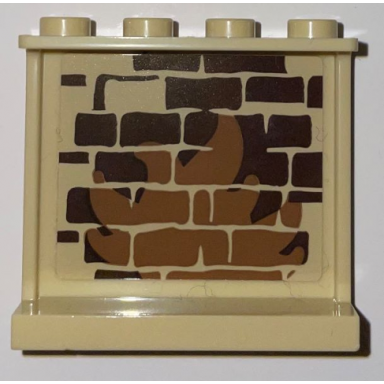 tan panel 1 x 4 x 3 with side supports - hollow studs with dark brown bricks and medium nougat fire pattern sticker - set 75966