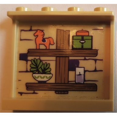 tan panel 1 x 4 x 3 with side supports - hollow studs with wooden shelves with toy and pot pattern sticker - set 41369